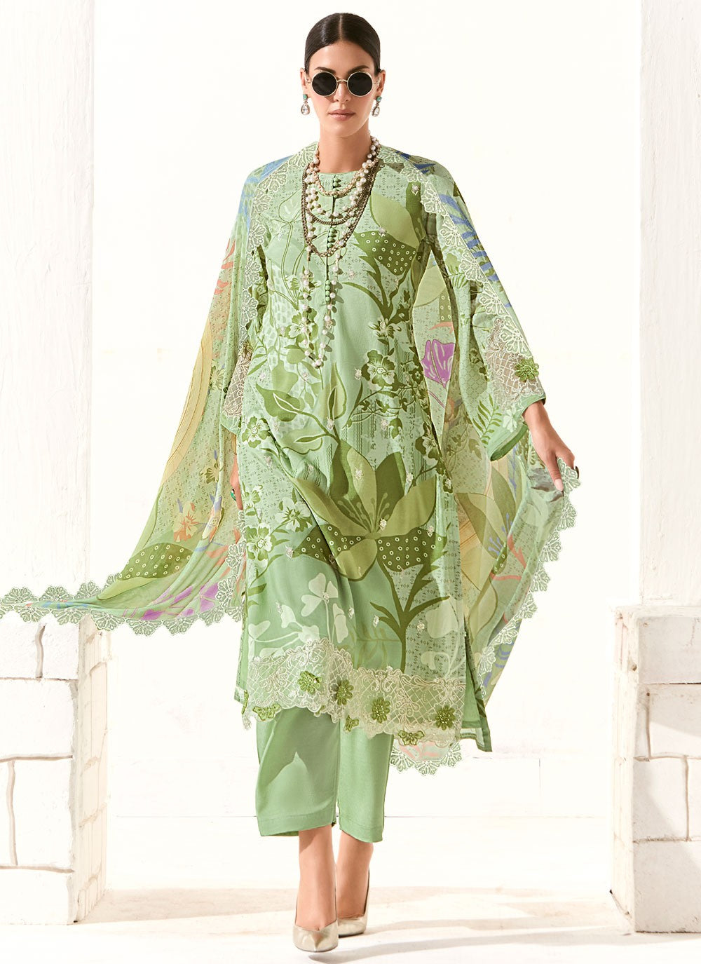 Pant Style Suit Digital Print, Embroidered, Patch, Resham Green T7905