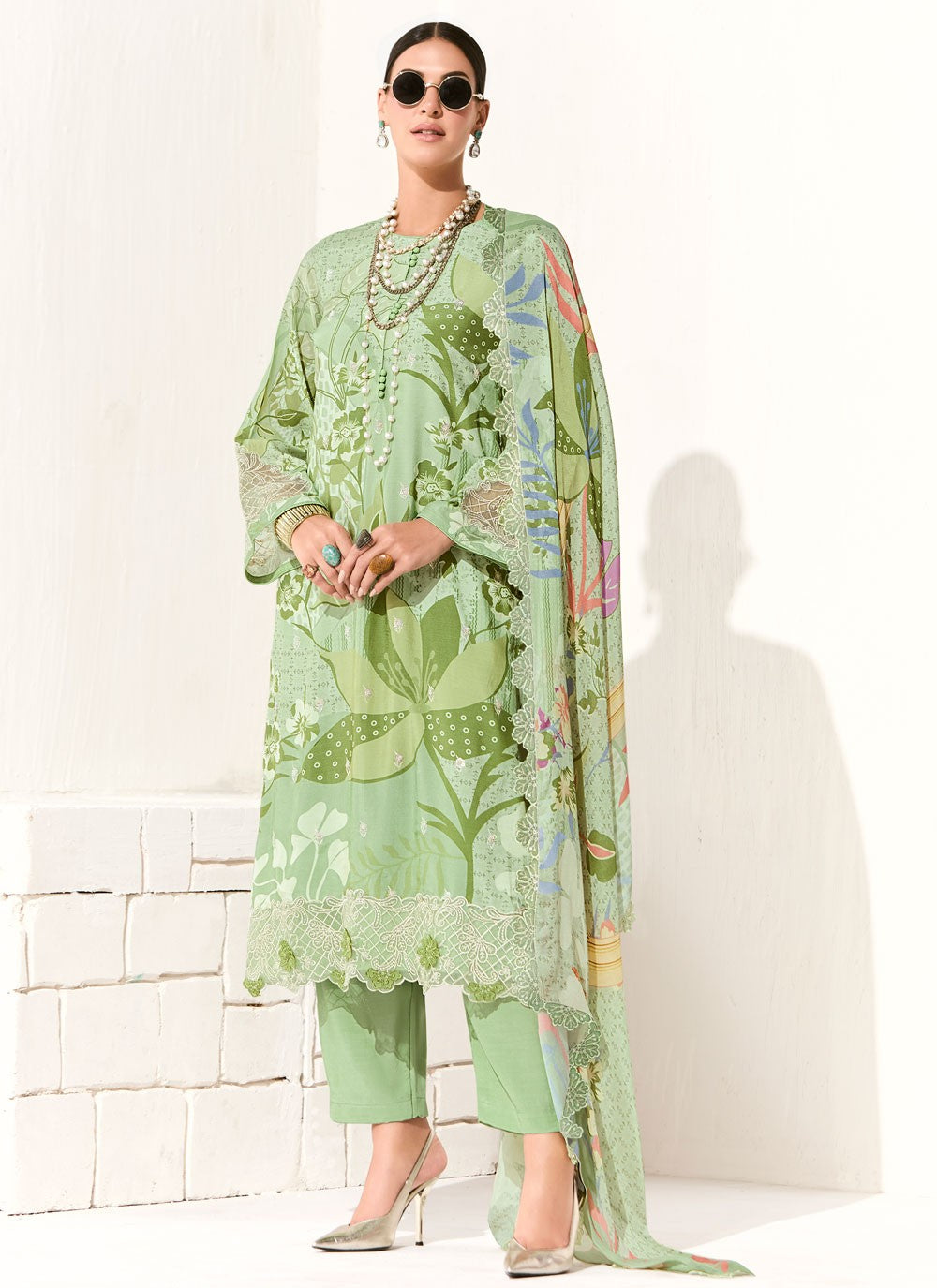 Pant Style Suit Digital Print, Embroidered, Patch, Resham Green T7905