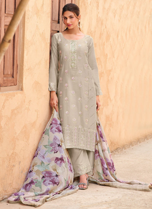 Pant Style Suit Embroidered Grey T7169