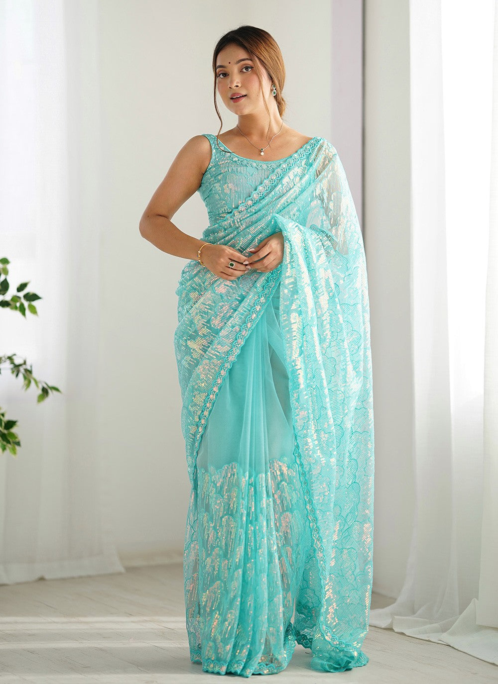 Embroidered, Sequins Net Saree - S11703