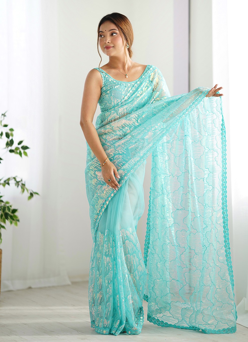 Embroidered, Sequins Net Saree - S11703