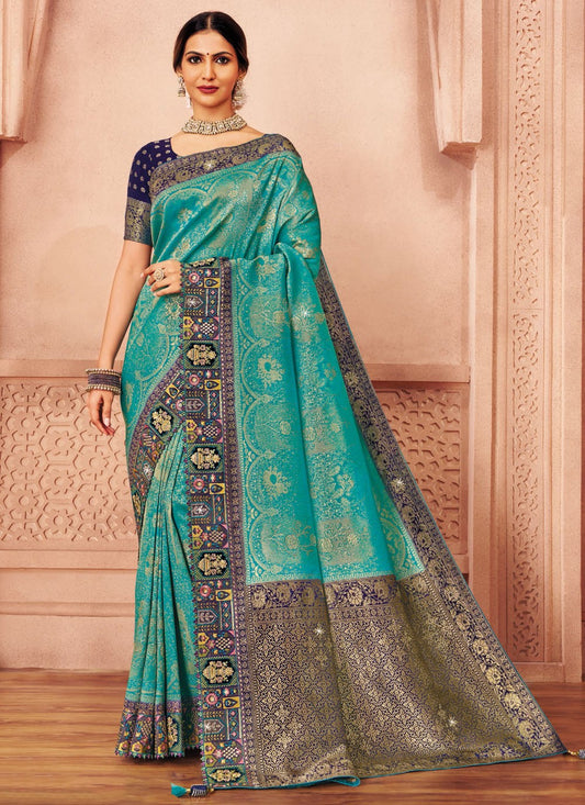 Sea Green Silk Trendy Saree Embroidered, Patch Border S20175