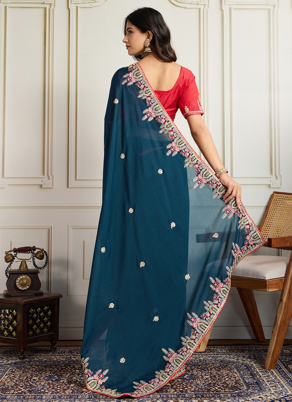 Blue Georgette Classic Saree Embroidered S19112