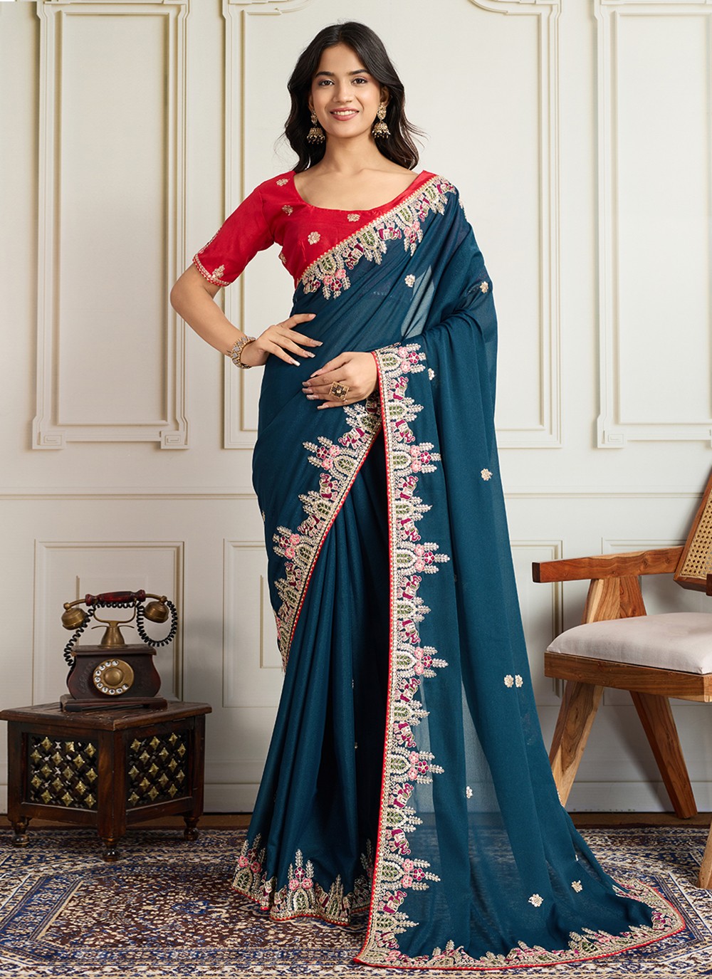 Blue Georgette Classic Saree Embroidered S19112