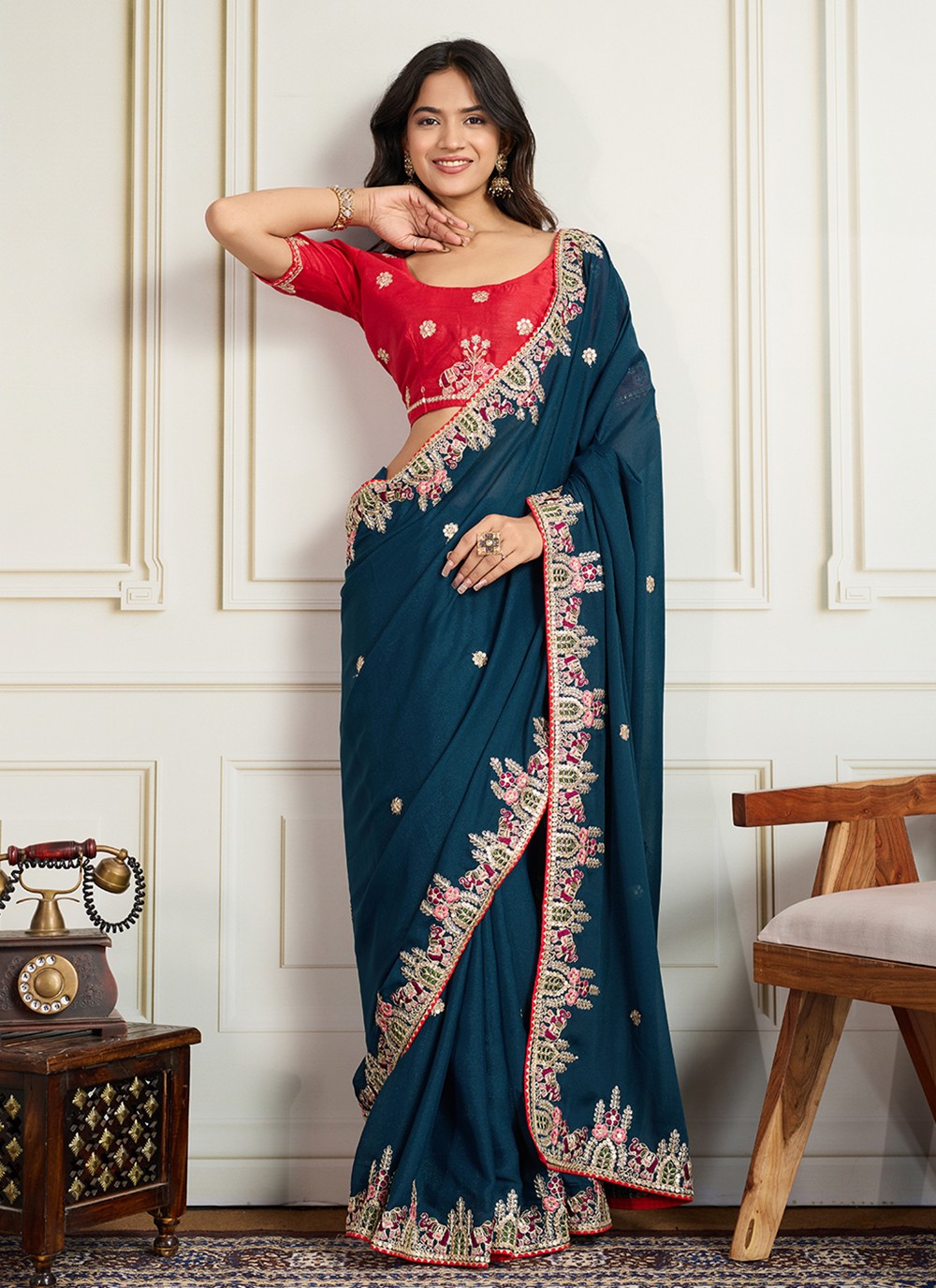 Blue Georgette Classic Saree Embroidered S19112