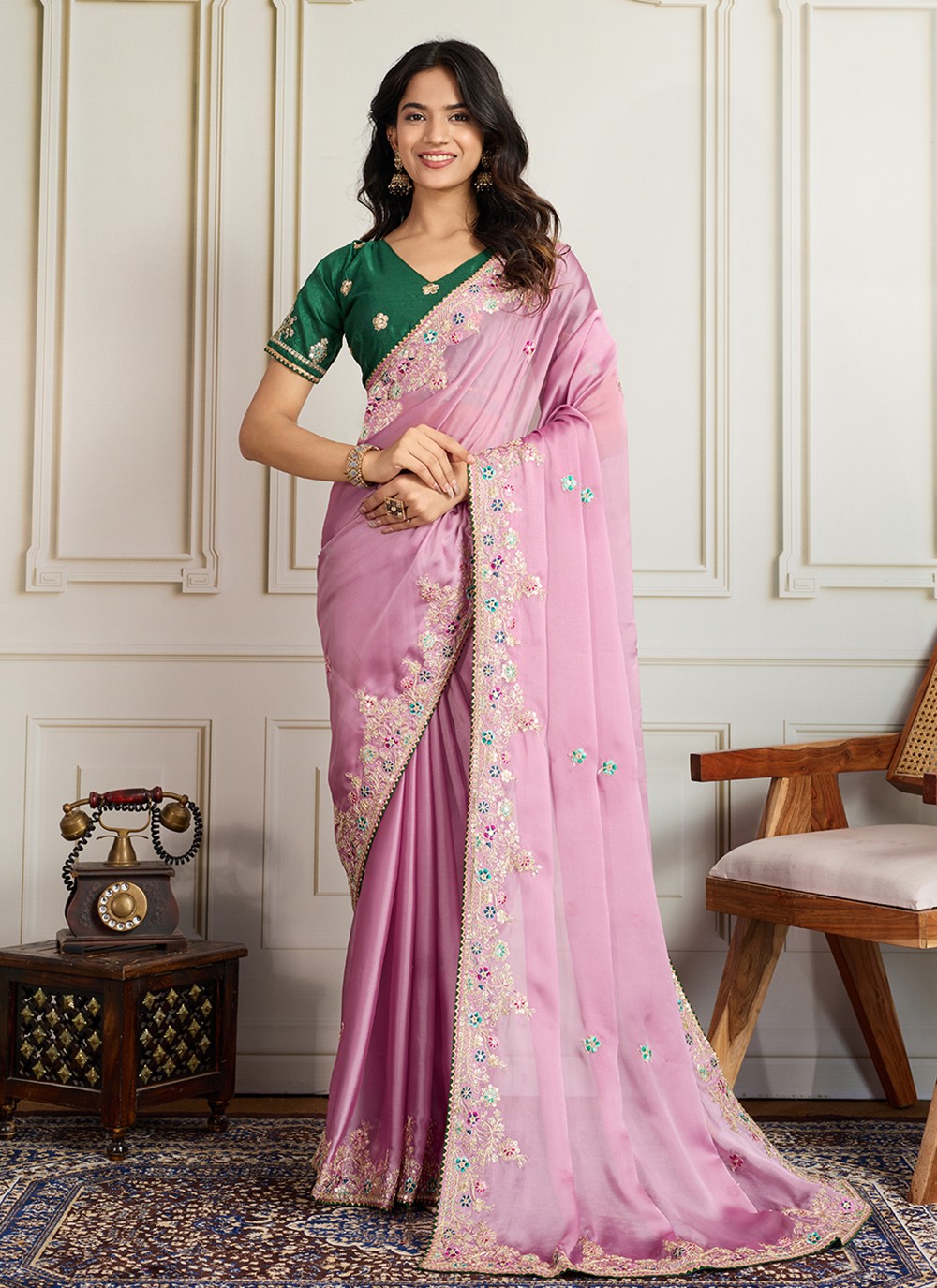 Pink Georgette Classic Saree Embroidered S19115