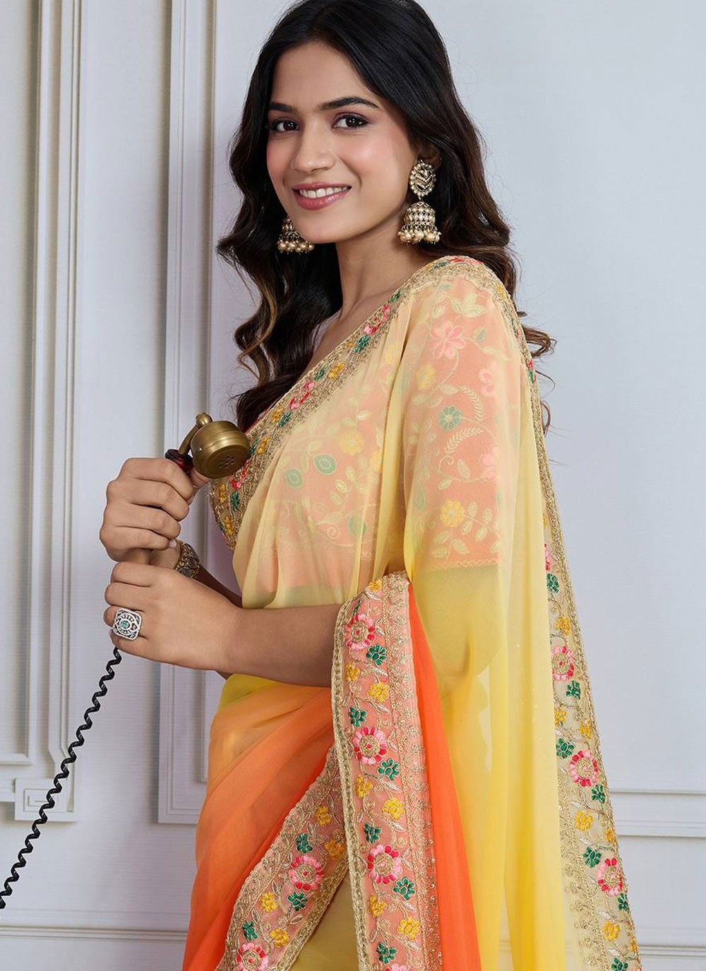 Border Work Georgette Orange Contemporary Saree S14894