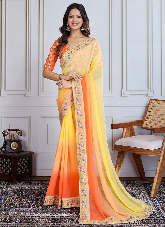 Border Work Georgette Orange Contemporary Saree S14894