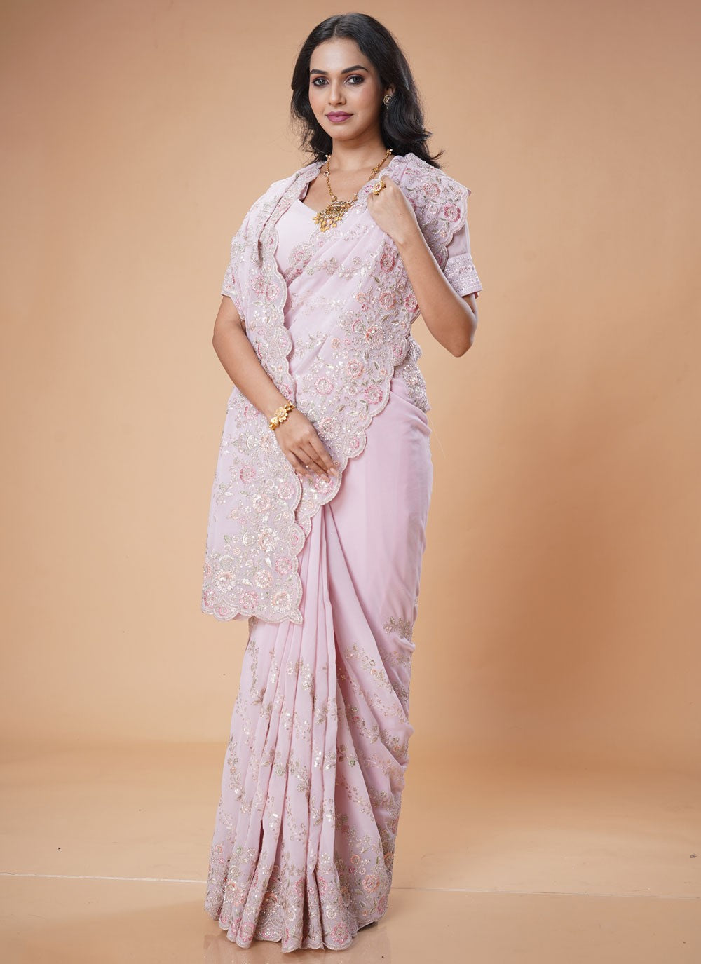 Cut Work Georgette Pink Contemporary Saree S15471