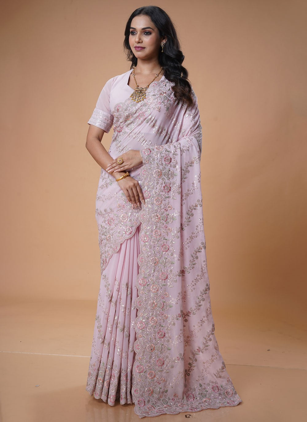 Cut Work Georgette Pink Contemporary Saree S15471