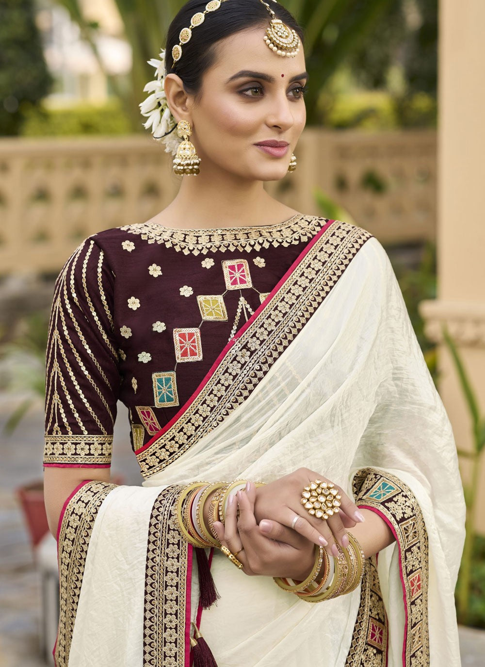 Border Work Georgette White Designer Saree S15352
