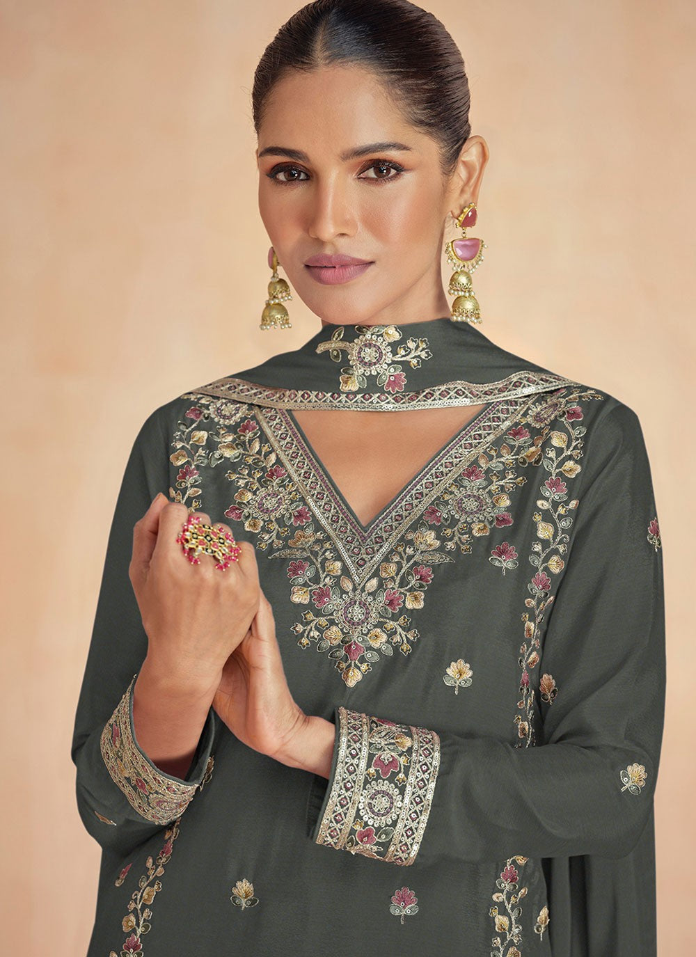 Embroidered Georgette Grey Palazzo Suit T6483