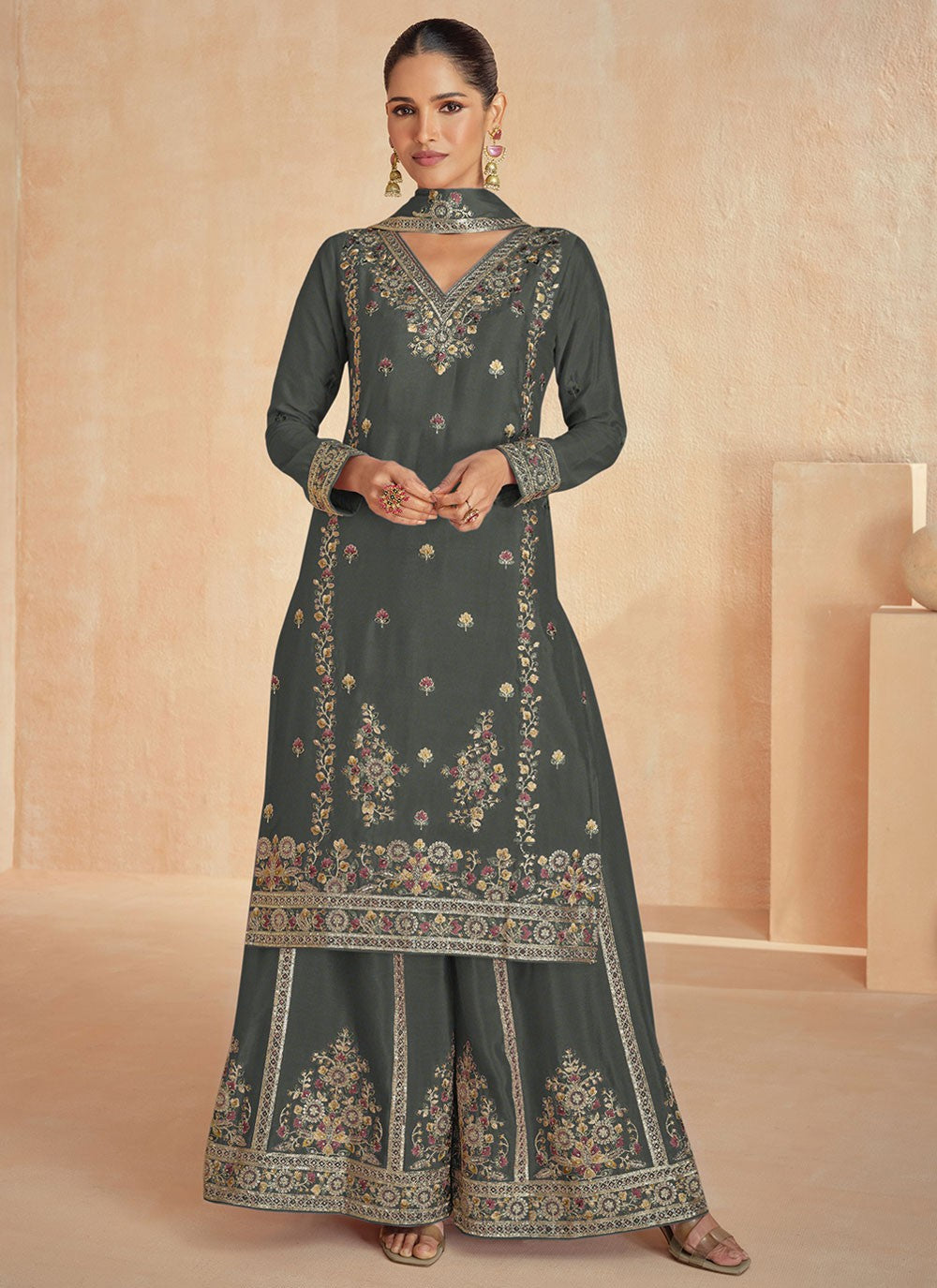 Embroidered Georgette Grey Palazzo Suit T6483