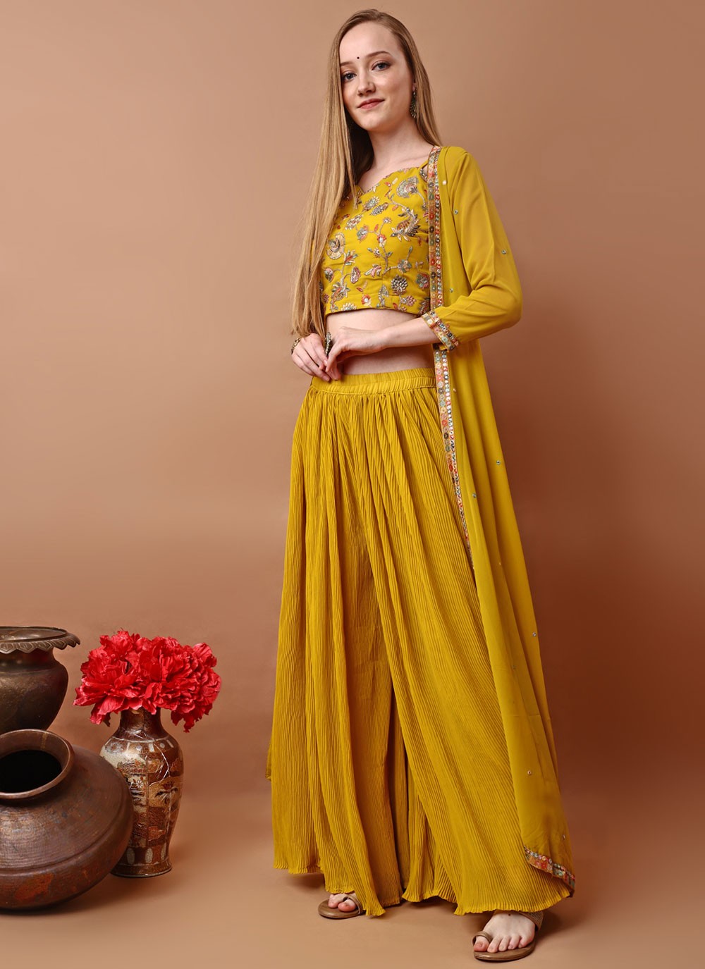 Palazzo Suit Embroidered Mustard Georgette T5109