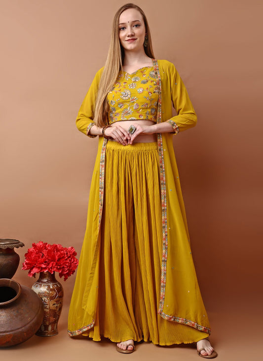 Palazzo Suit Embroidered Mustard Georgette T5109