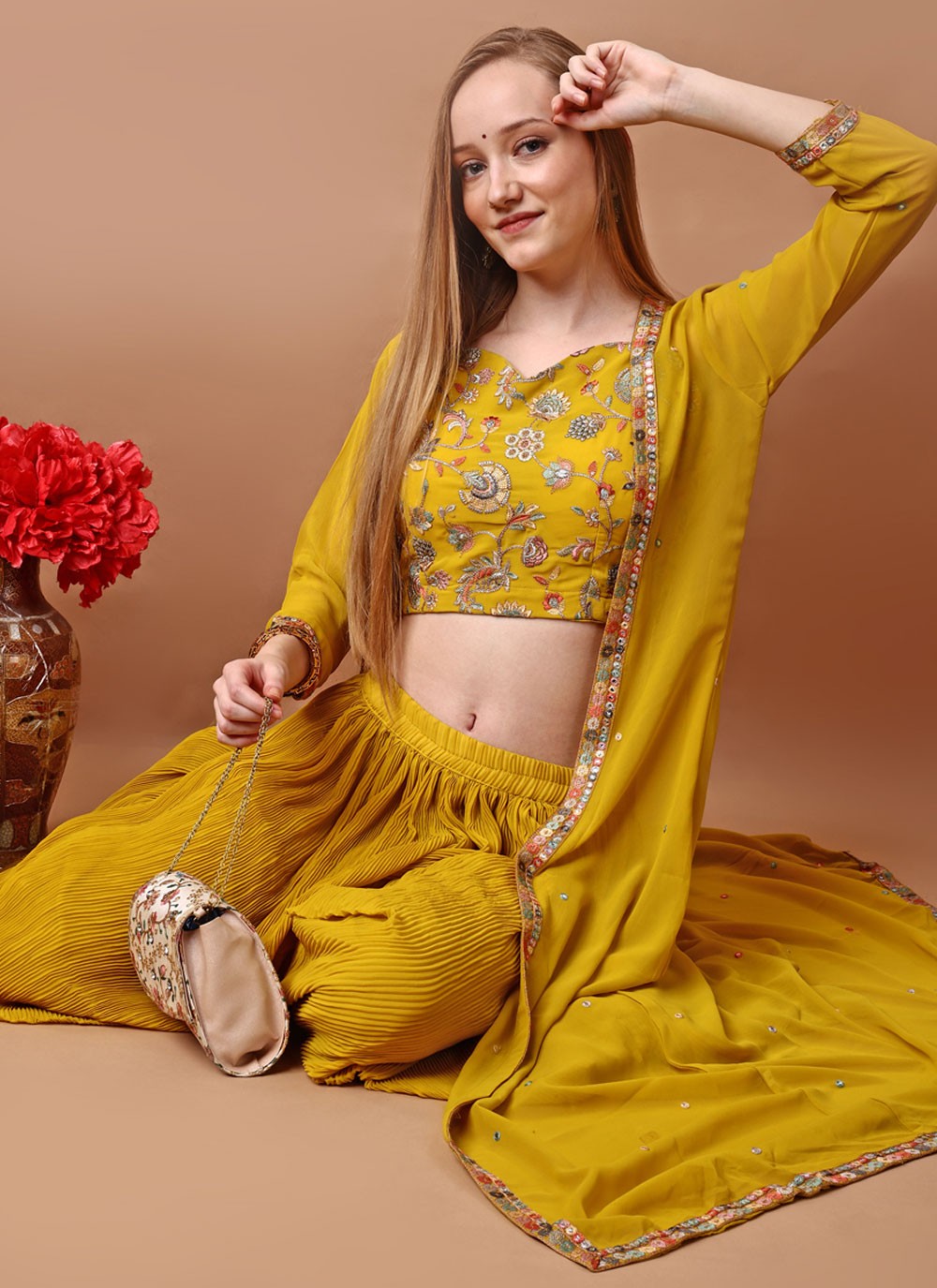 Palazzo Suit Embroidered Mustard Georgette T5109