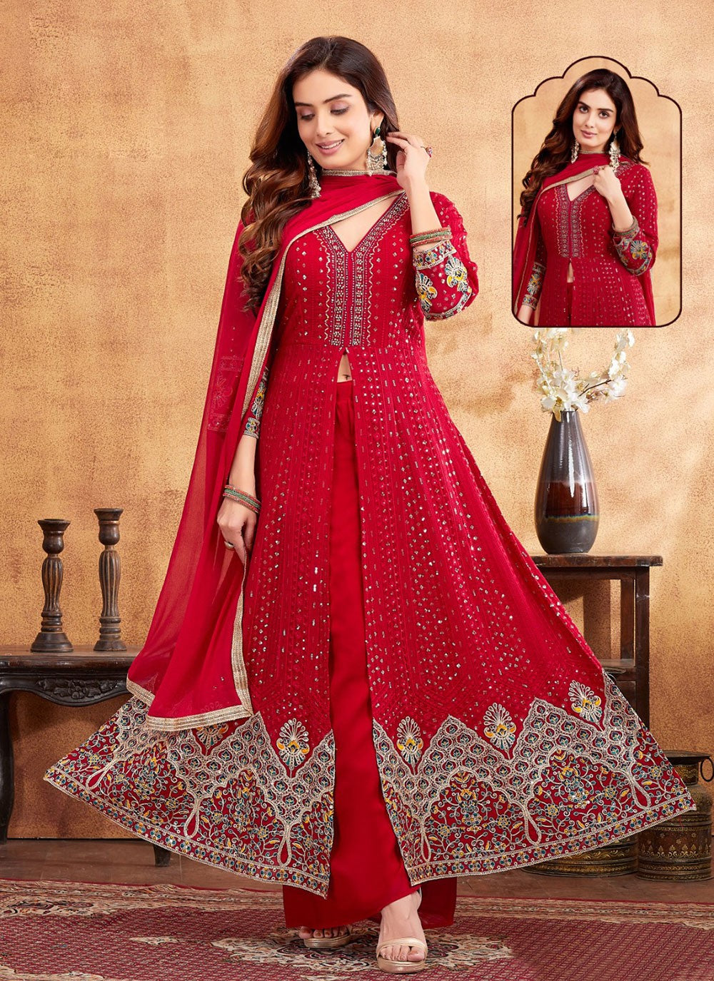 Palazzo Suit Embroidered Red Georgette T5159