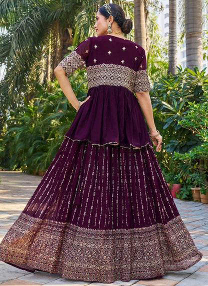 Embroidered Georgette Burgundy Lehenga - L3210