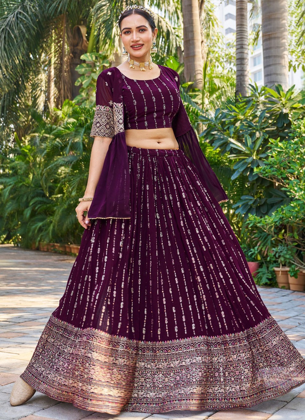 Embroidered Georgette Burgundy Lehenga - L3210