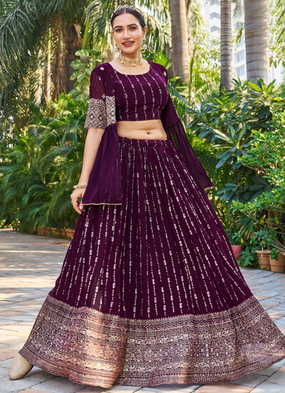 Embroidered Georgette Burgundy Lehenga - L3210