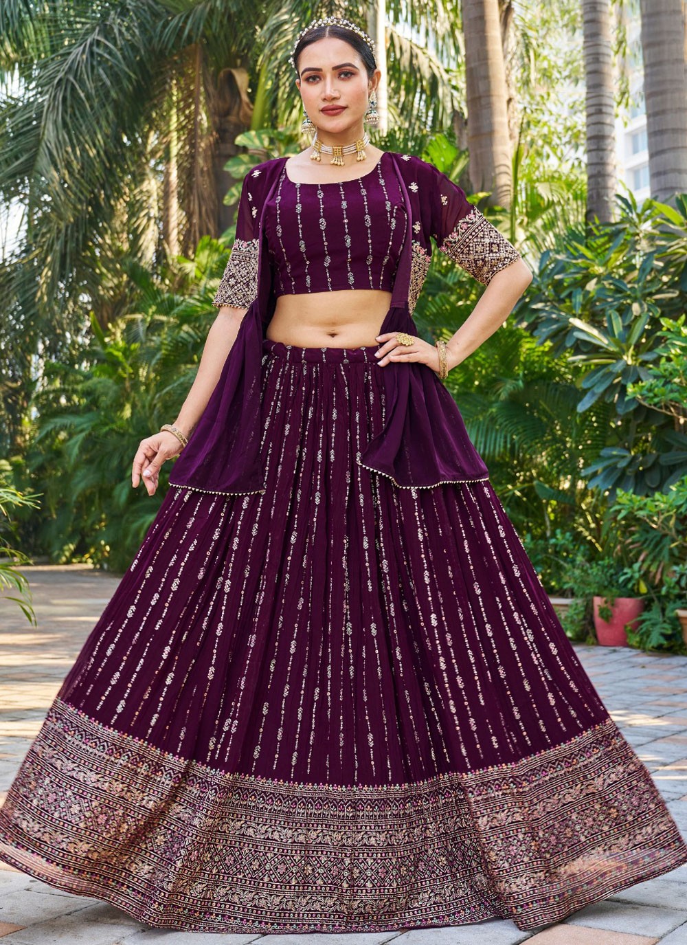 Embroidered Georgette Burgundy Lehenga - L3210