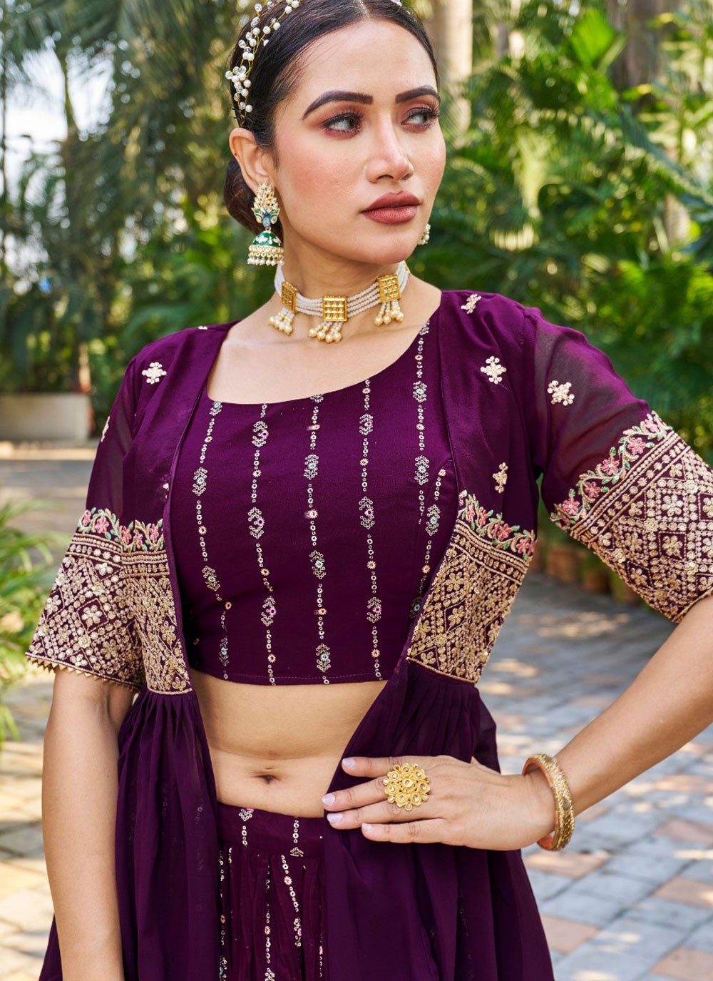 Embroidered Georgette Burgundy Lehenga - L3210