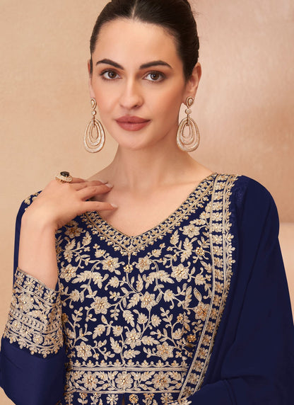 Embroidered Georgette Navy Blue Lehenga Choli L3454