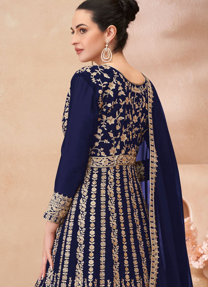 Embroidered Georgette Navy Blue Lehenga Choli L3454