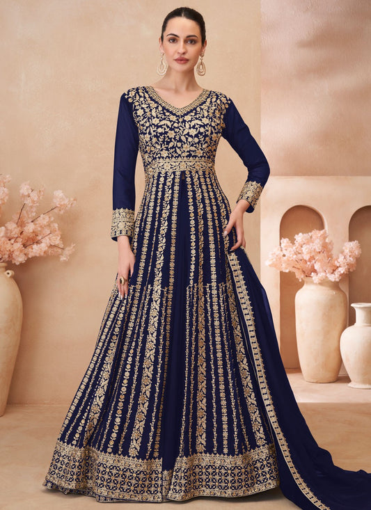 Embroidered Georgette Navy Blue Lehenga Choli L3454