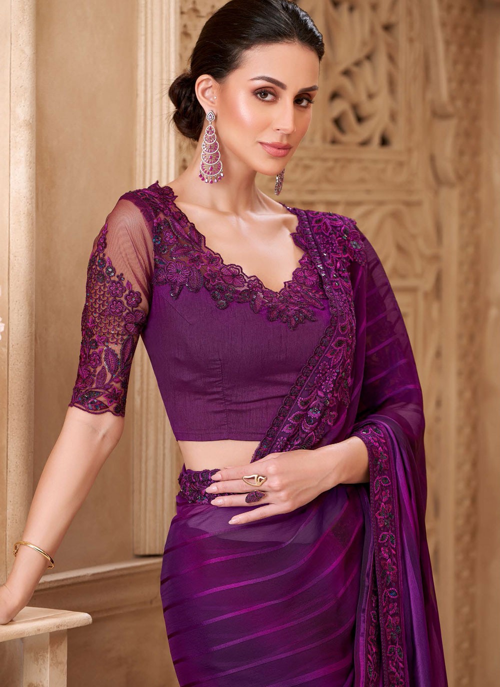 Purple Georgette Satin Saree Border Work, Embroidered S19791