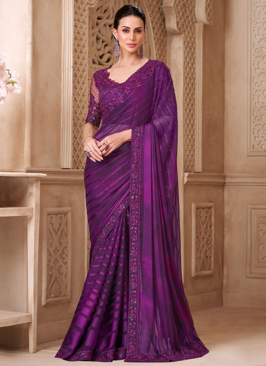 Purple Georgette Satin Saree Border Work, Embroidered S19791