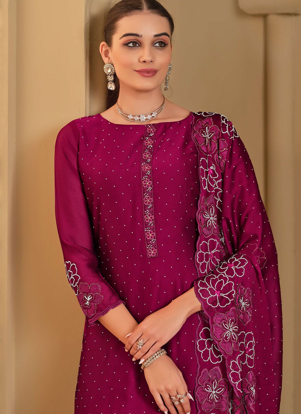 Pant Style Suit Embroidered, Swarovski Purple T7248