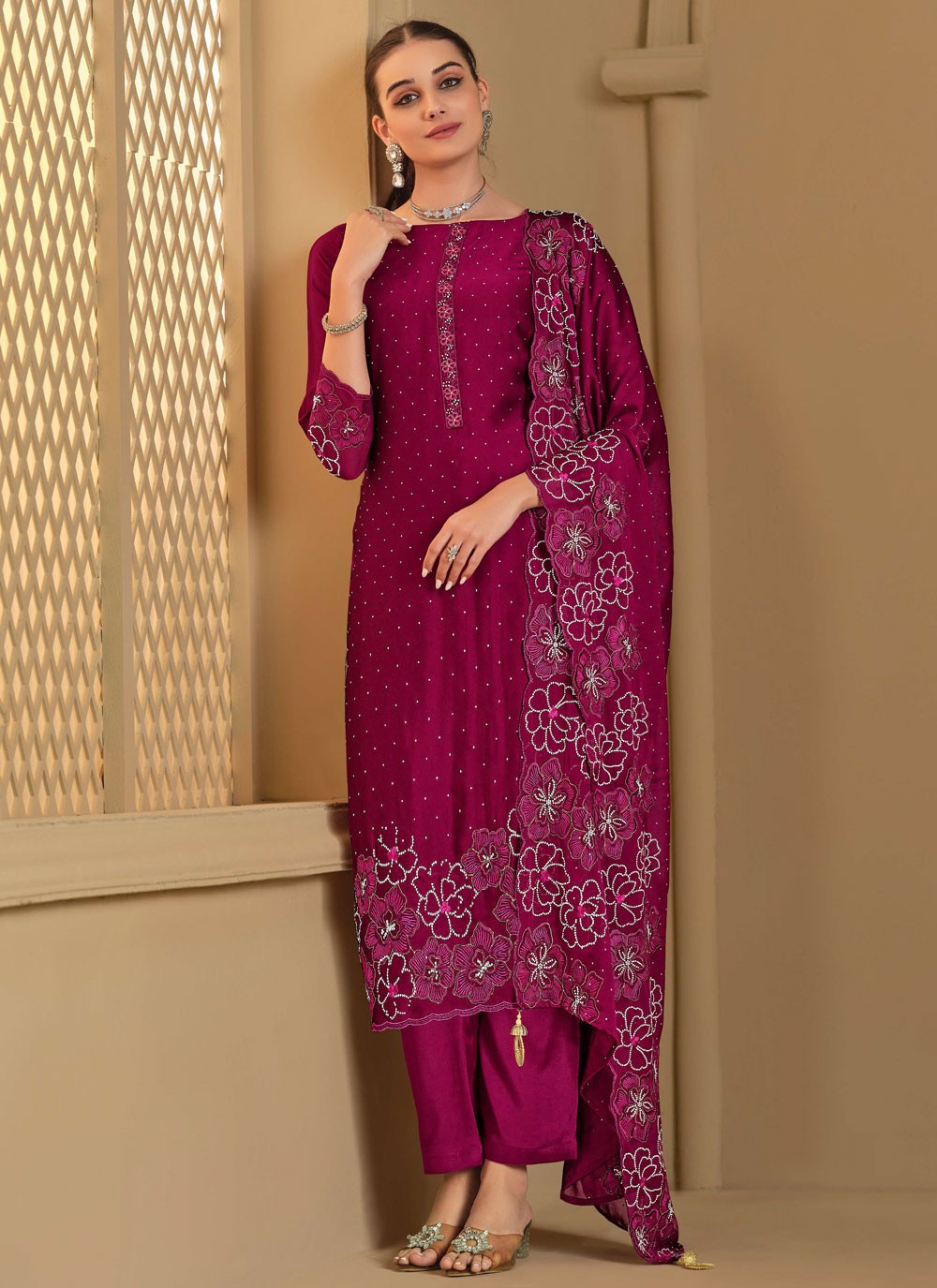 Pant Style Suit Embroidered, Swarovski Purple T7248