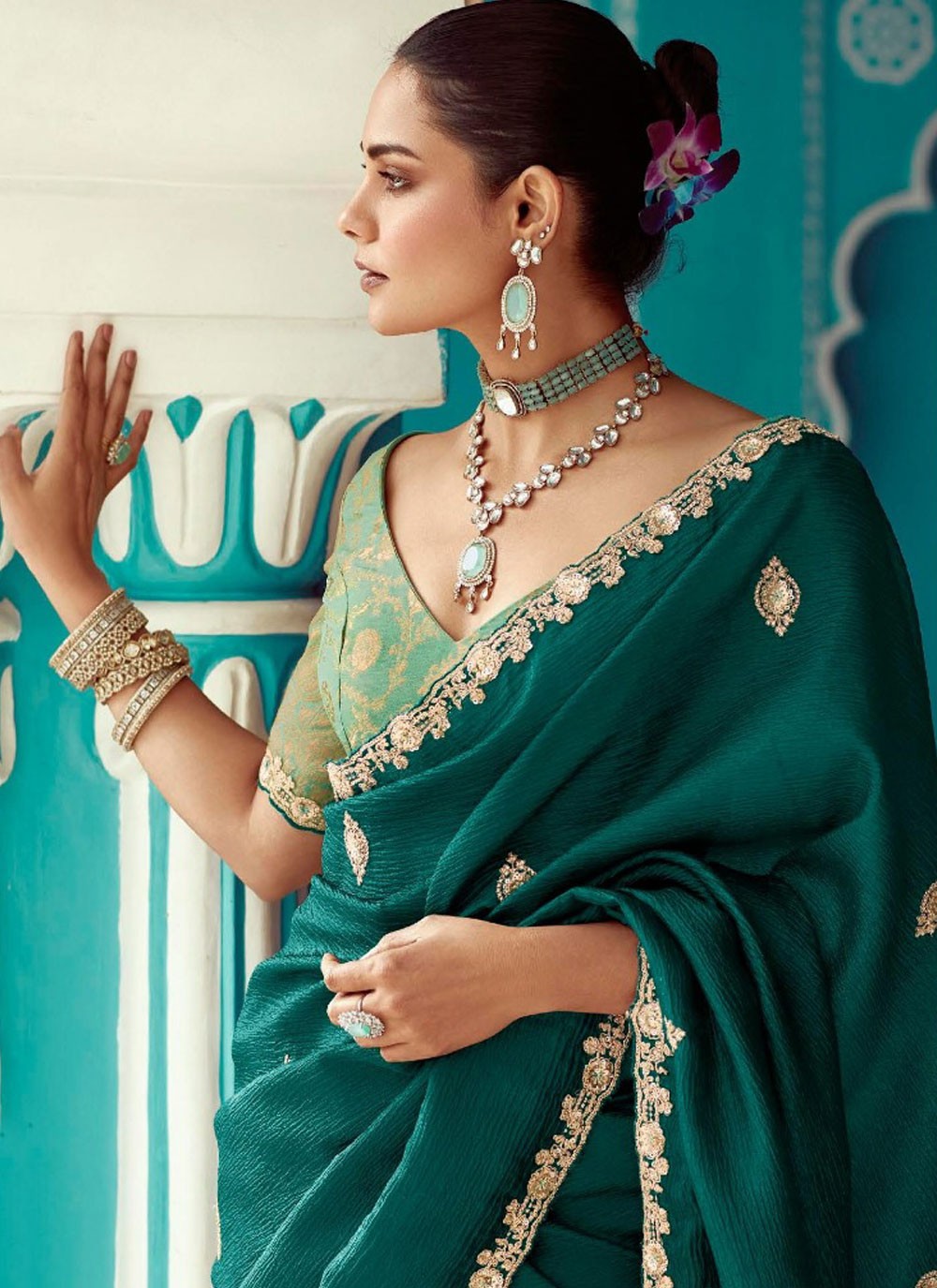 Trendy Saree Cut Work Green, Teal Crush Saree S13275