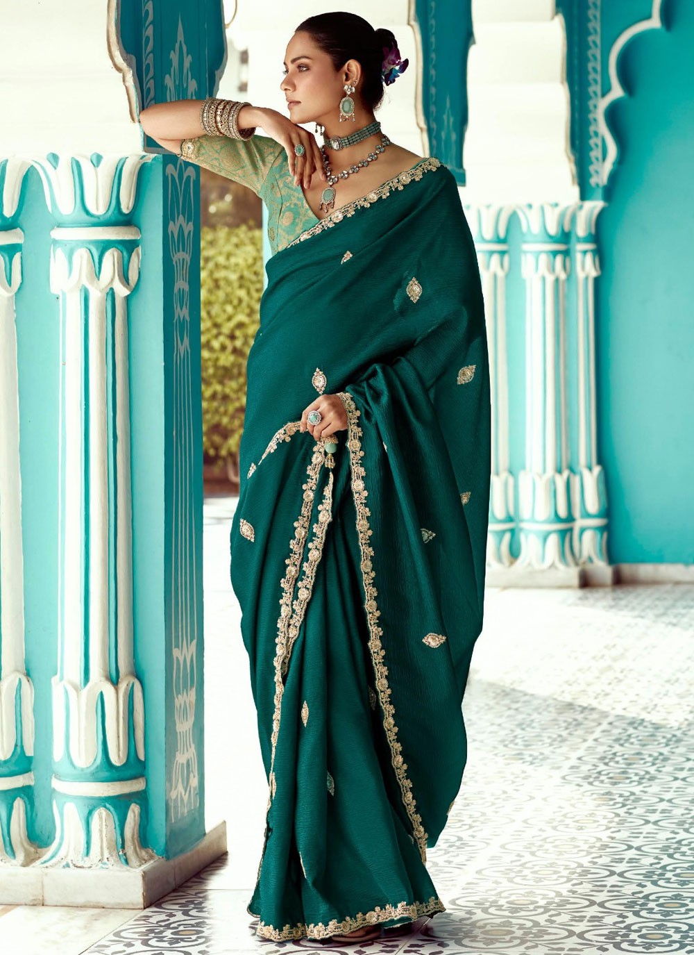 Trendy Saree Cut Work Green, Teal Crush Saree S13275