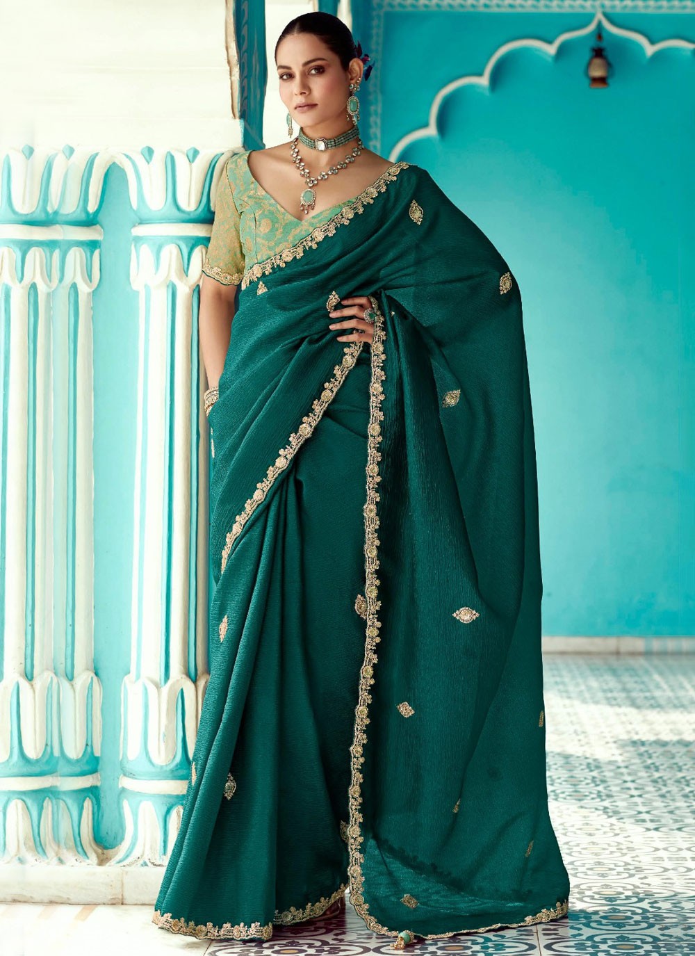 Trendy Saree Cut Work Green, Teal Crush Saree S13275