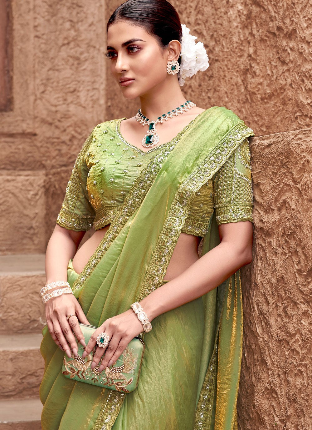 Classic Saree Embroidered Green Satin Silk Saree S13256