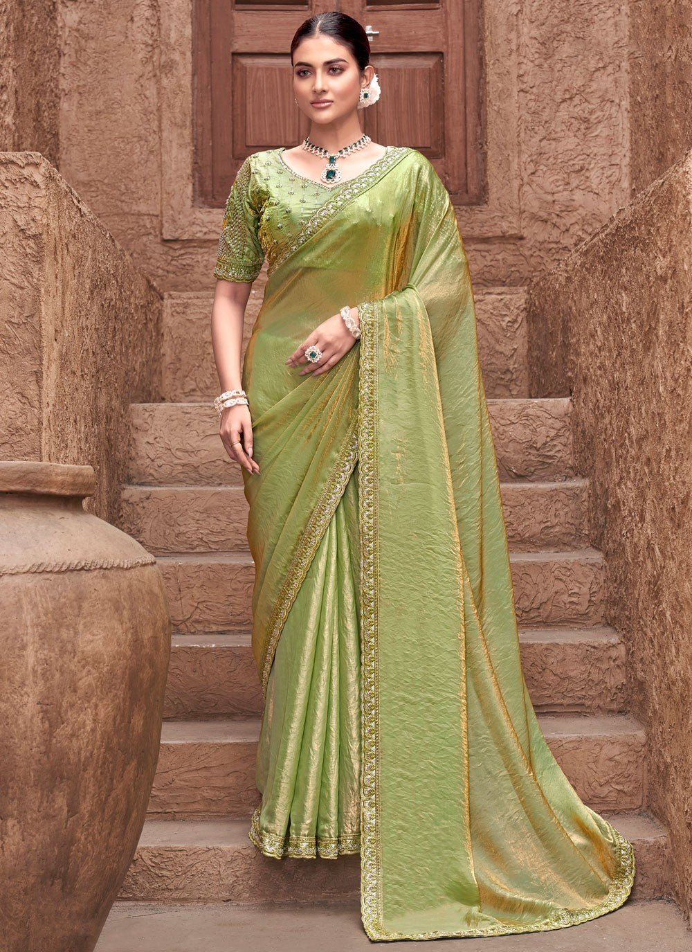 Classic Saree Embroidered Green Satin Silk Saree S13256