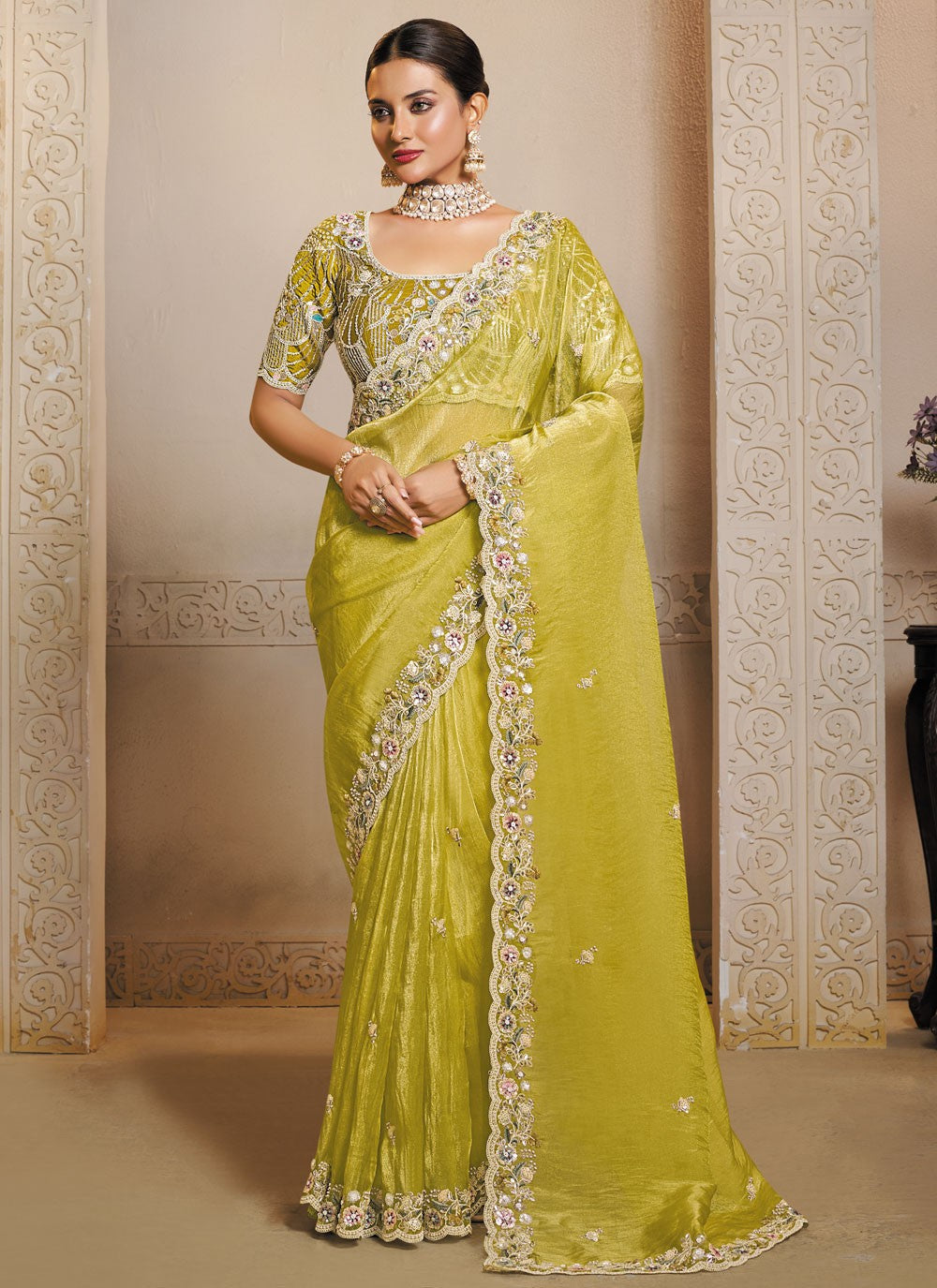 Green Organza Trendy Saree Embroidered, Thread S20446