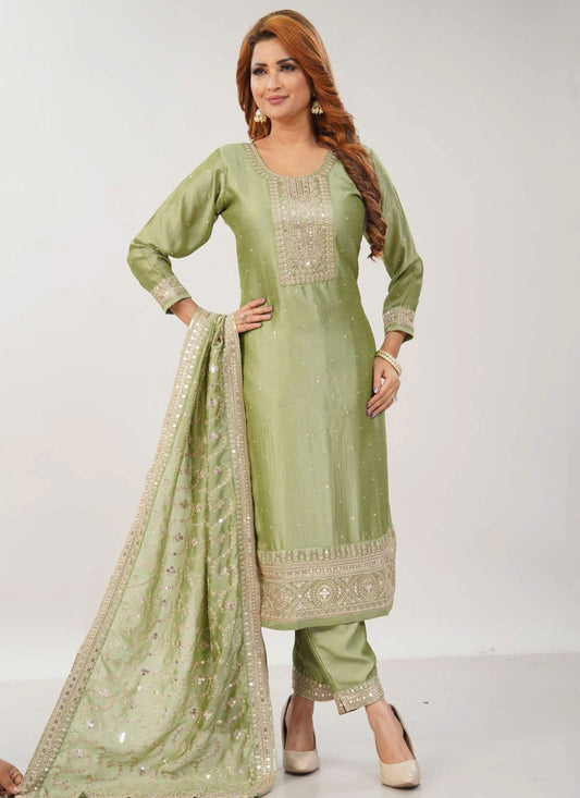Pant Style Suit Embroidered, Sequins, Zari Green T7685
