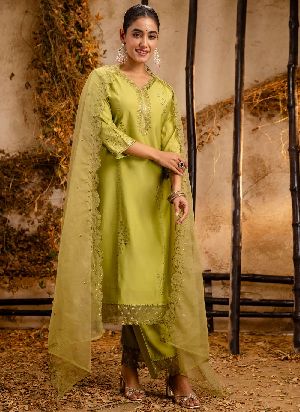 Embroidered Silk Green Pant Style Suit T6358