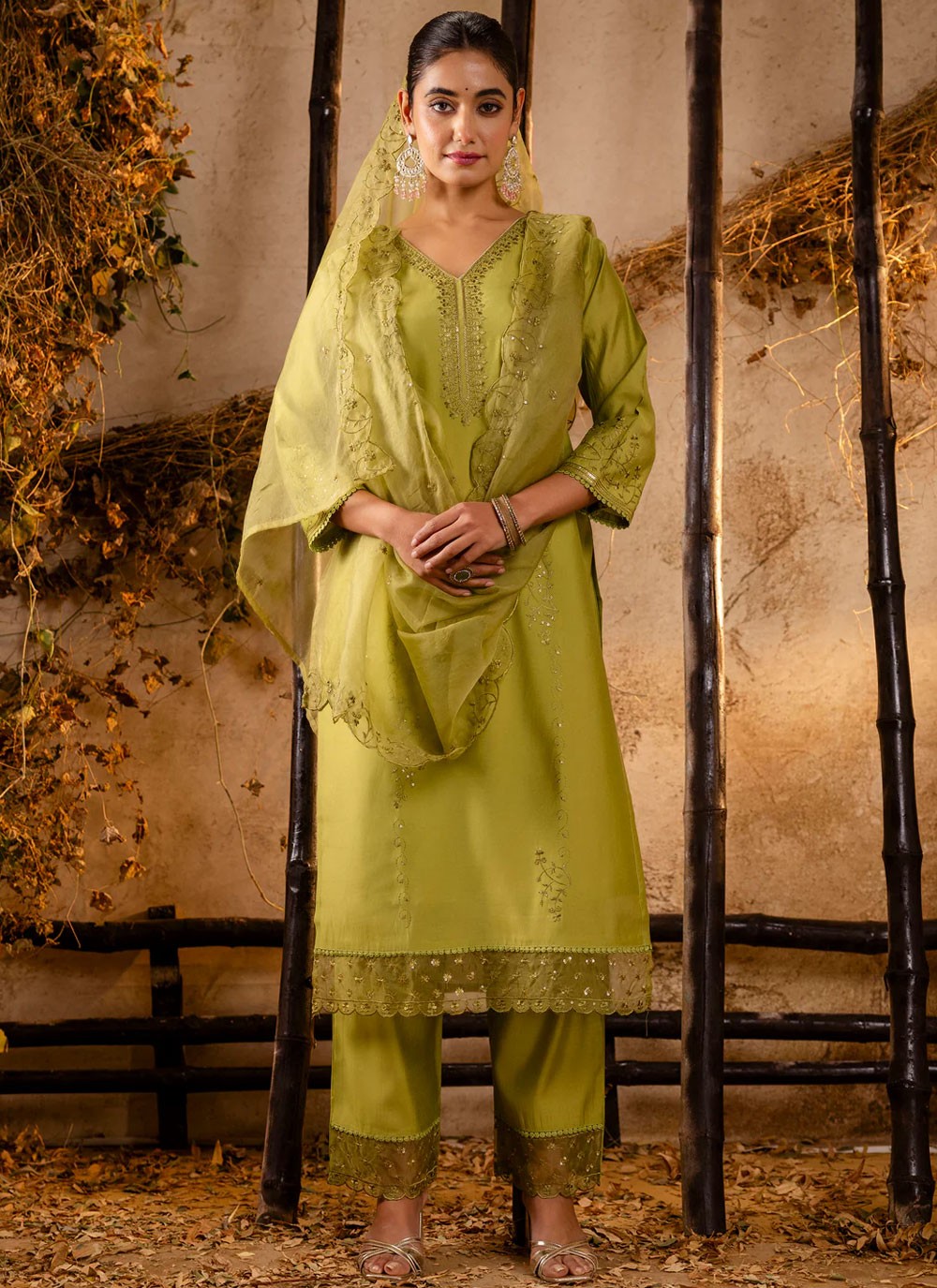 Embroidered Silk Green Pant Style Suit T6358