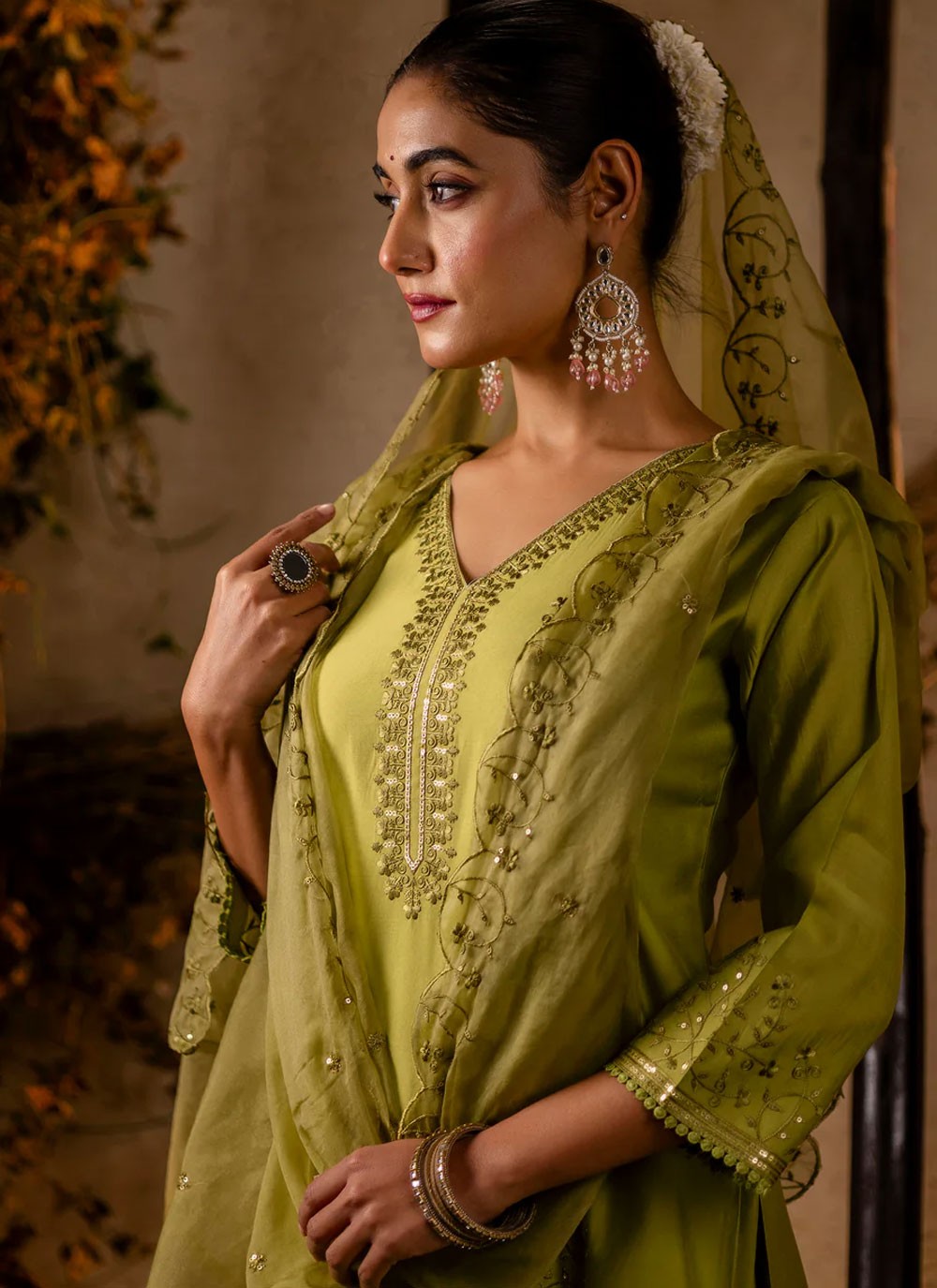 Embroidered Silk Green Pant Style Suit T6358