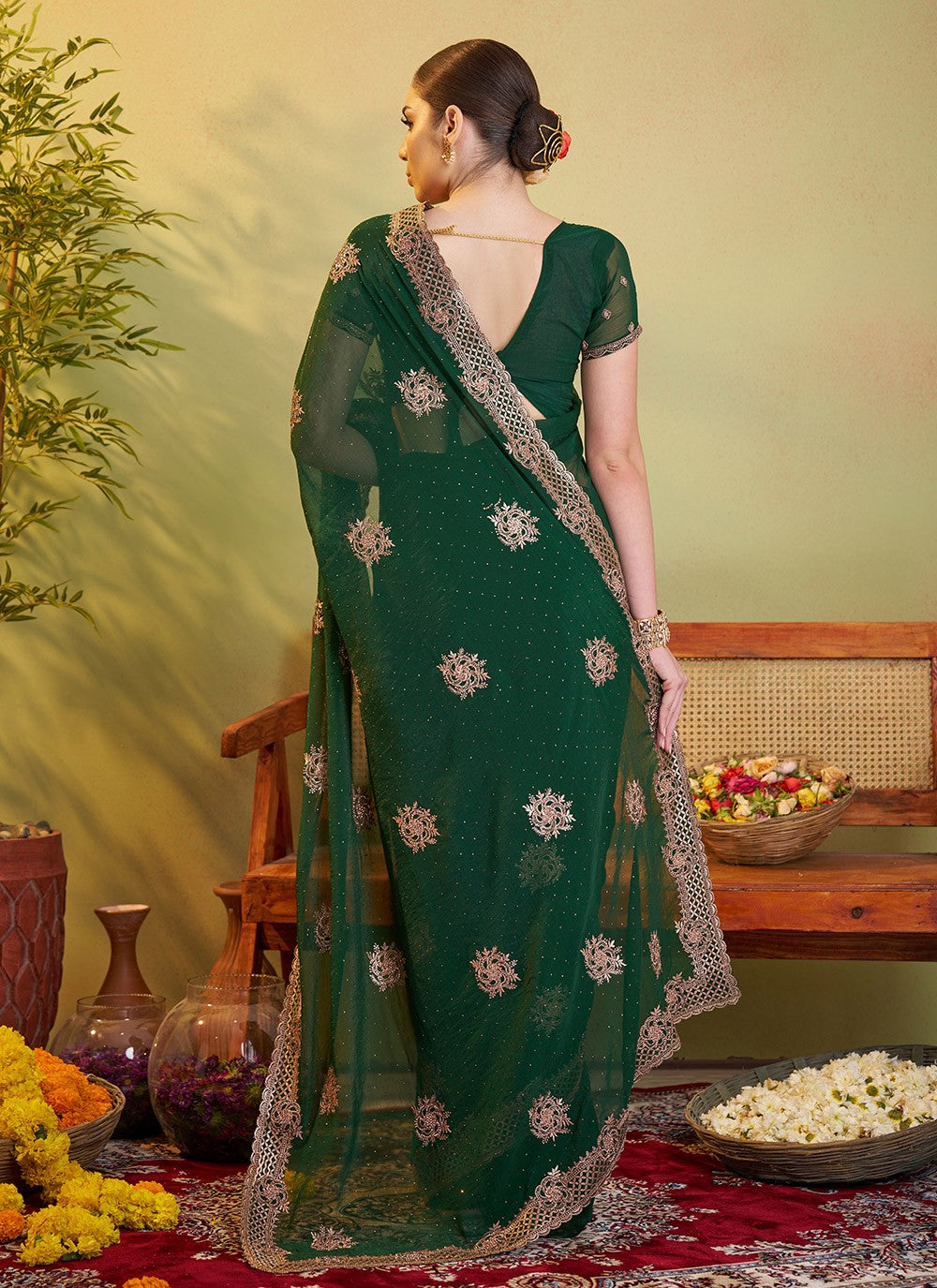 Embroidered Chiffon Green Saree S14409