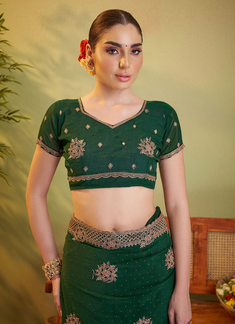 Embroidered Chiffon Green Saree S14409