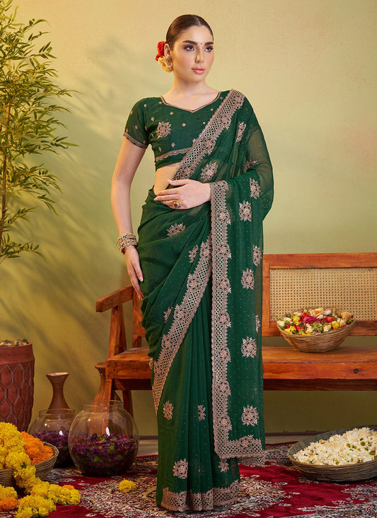 Embroidered Chiffon Green Saree S14409