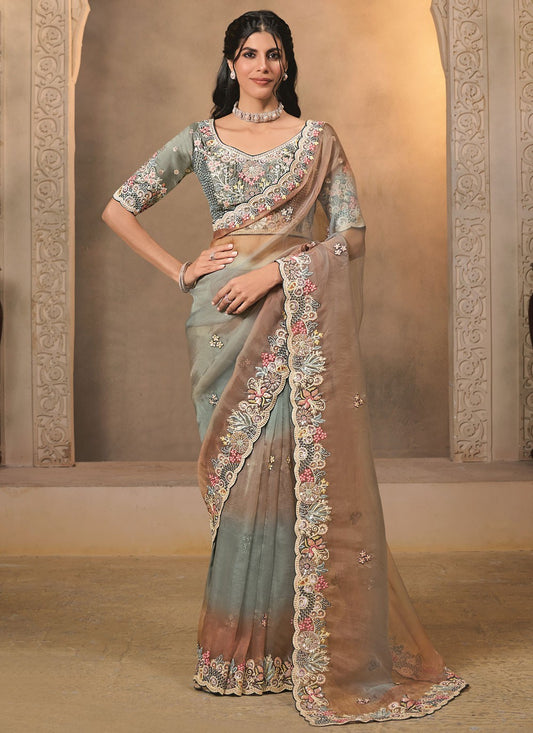 Grey Organza Contemporary Saree Embroidered, Thread S20445