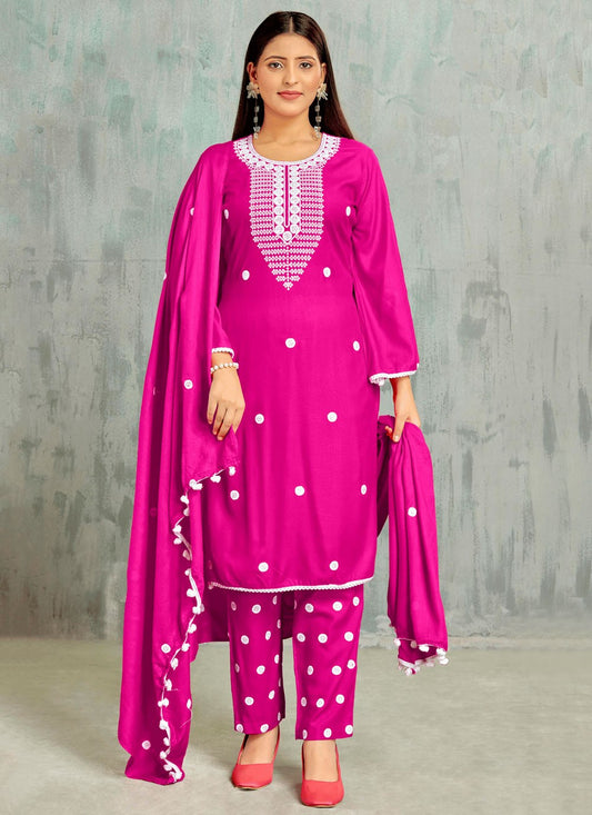 Salwar Suit Embroidered Hot Pink Cotton T5251