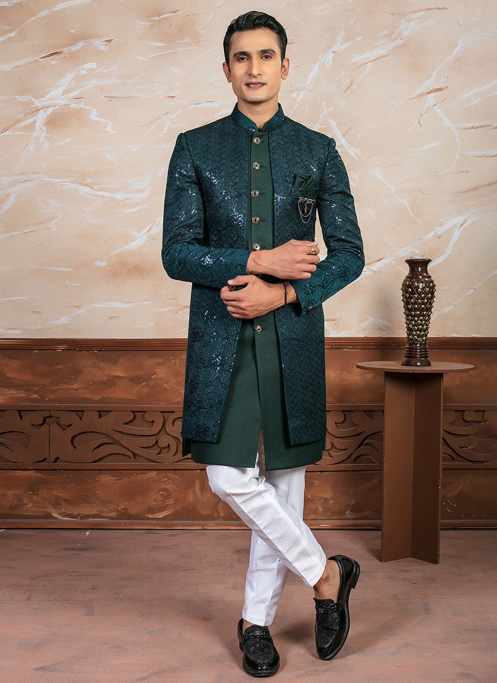 Embroidered Jacquard Green Indo Western - M8339