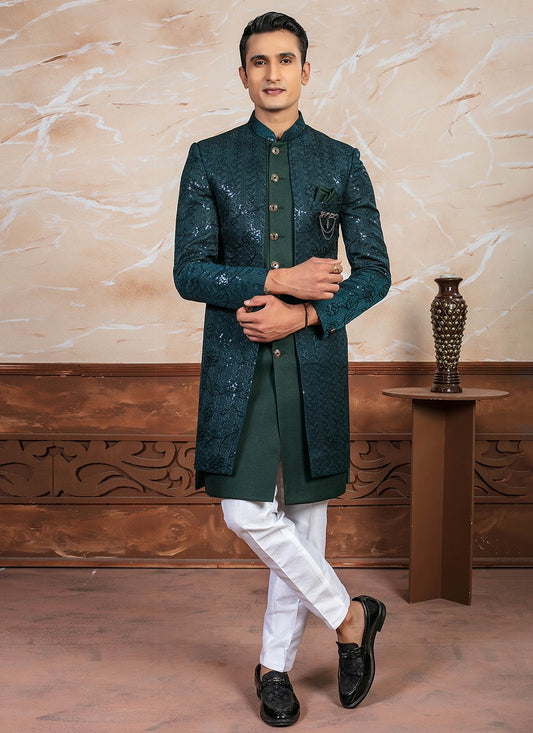 Embroidered Jacquard Green Indo Western - M8339